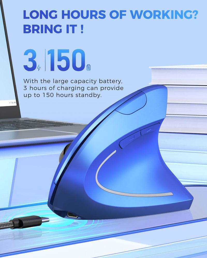 Lekvey Ergonomic Mouse, Vertical Wireless Mouse Rechargeable 2.4G USB Optical Carpal Tunnel Mice : 3 DPI 800/1200/1600 Levels 6 Buttons, for Laptop, PC, Mac, Computer, Desktop, Notebook etc, Blue - Image 4