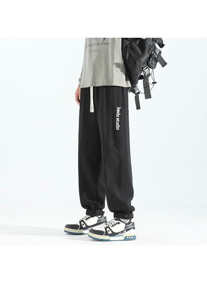 Homlean Trendy Brand Men's Cotton Casual Pants Spring Embroidered Straight Loose Cargo Jogger Pants Hs65 Black M - Image 5