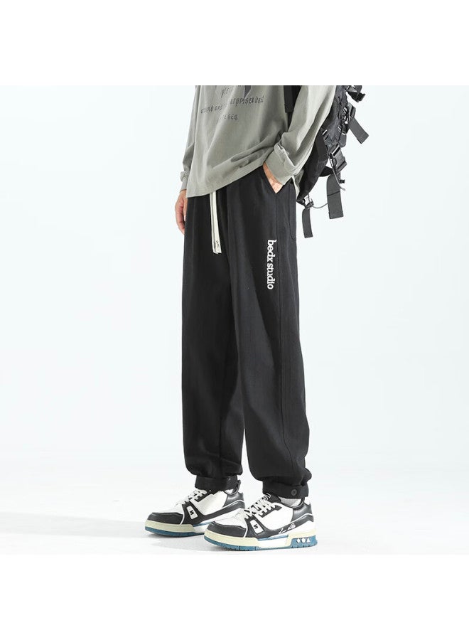 Homlean Trendy Brand Men's Cotton Casual Pants Spring Embroidered Straight Loose Cargo Jogger Pants Hs65 Black M - Image 1