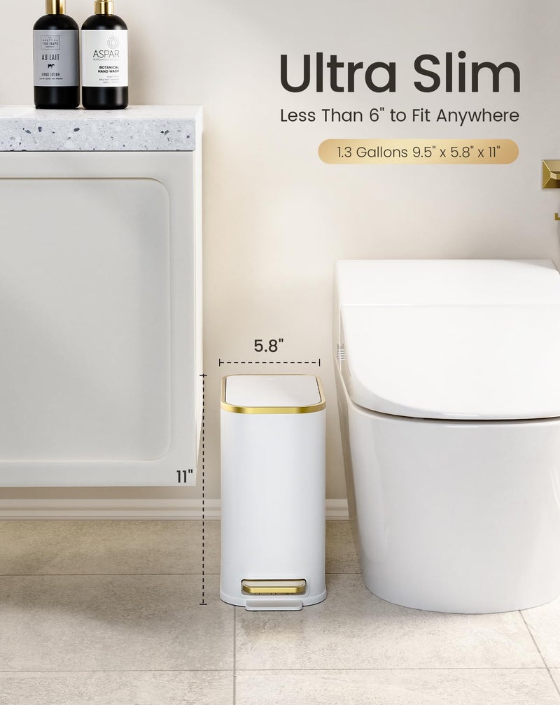 Cesun Small Bathroom Trash Can with Lid Soft Close, 5 Liter/1.3 Gallon Stainless Steel Garbage Can with Removable Inner Bucket, Step Pedal, Slim Waste Basket for Toilet, Office, Bedroom (White&Gold) - Image 3