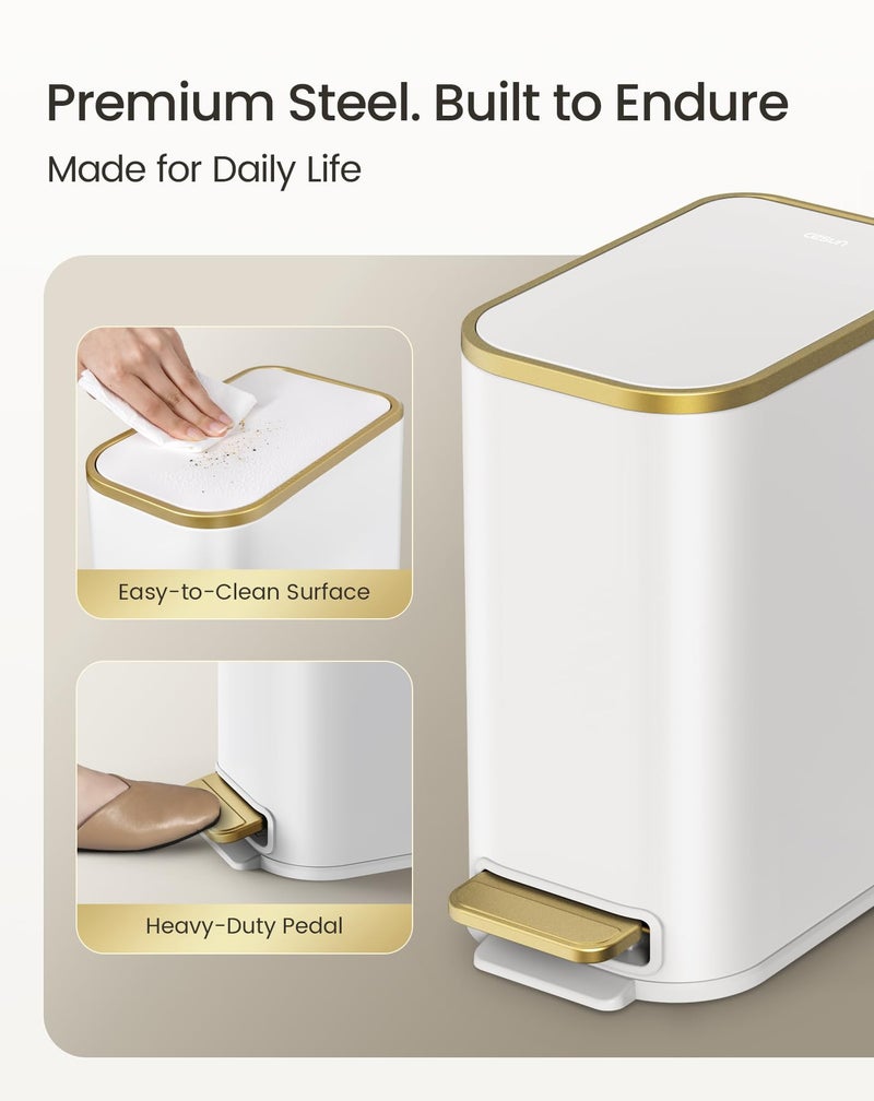 Cesun Small Bathroom Trash Can with Lid Soft Close, 5 Liter/1.3 Gallon Stainless Steel Garbage Can with Removable Inner Bucket, Step Pedal, Slim Waste Basket for Toilet, Office, Bedroom (White&Gold) - Image 5