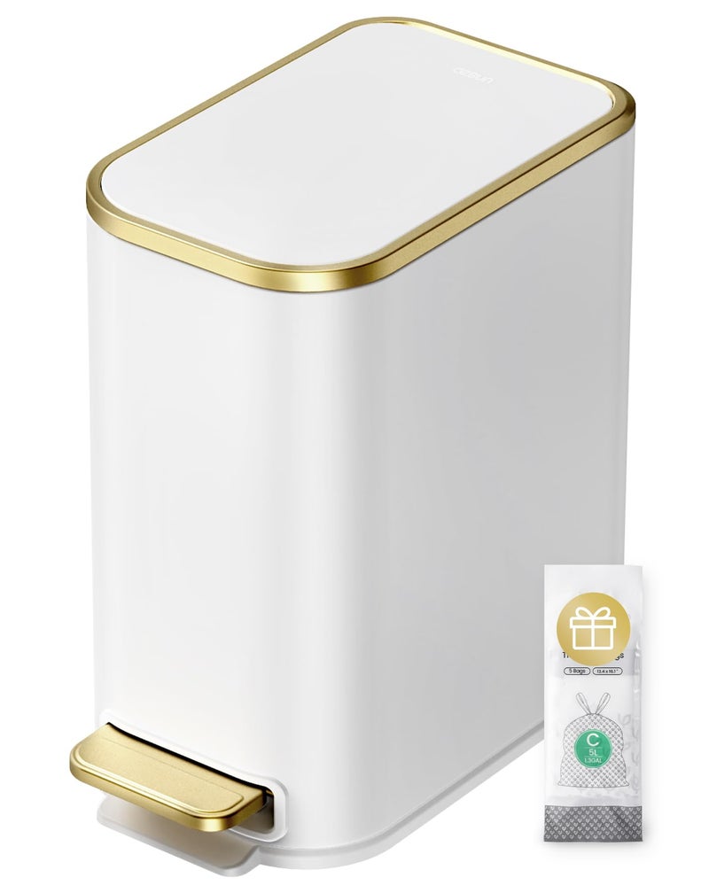 Cesun Small Bathroom Trash Can with Lid Soft Close, 5 Liter/1.3 Gallon Stainless Steel Garbage Can with Removable Inner Bucket, Step Pedal, Slim Waste Basket for Toilet, Office, Bedroom (White&Gold) - Image 1