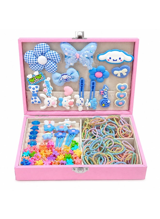 156Pcs Blue Cartoon Girls Hair Accessories Gift Box Set, Kids Soft Hair Ties, Flower Barrettes, Mini Claw Clips, Cartoon Rings, Pink Divided Storage Box with Unicorn Gift Bag, Princess Hair Ornaments, Birthday Eid Present for Girls 3+ - Image 1