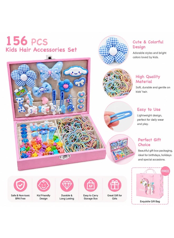 156Pcs Blue Cartoon Girls Hair Accessories Gift Box Set, Kids Soft Hair Ties, Flower Barrettes, Mini Claw Clips, Cartoon Rings, Pink Divided Storage Box with Unicorn Gift Bag, Princess Hair Ornaments, Birthday Eid Present for Girls 3+ - Image 2