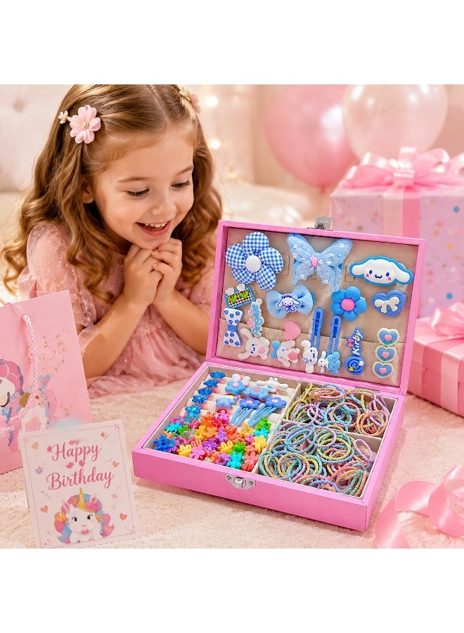 156Pcs Blue Cartoon Girls Hair Accessories Gift Box Set, Kids Soft Hair Ties, Flower Barrettes, Mini Claw Clips, Cartoon Rings, Pink Divided Storage Box with Unicorn Gift Bag, Princess Hair Ornaments, Birthday Eid Present for Girls 3+ - Image 3