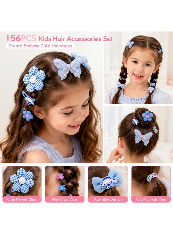 156Pcs Blue Cartoon Girls Hair Accessories Gift Box Set, Kids Soft Hair Ties, Flower Barrettes, Mini Claw Clips, Cartoon Rings, Pink Divided Storage Box with Unicorn Gift Bag, Princess Hair Ornaments, Birthday Eid Present for Girls 3+ - Image 4