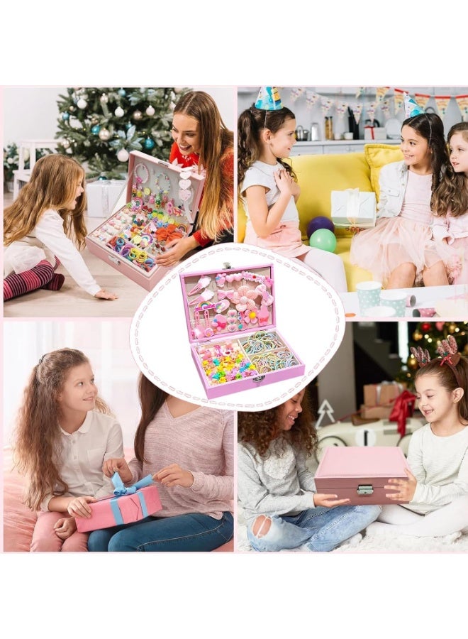 156Pcs Blue Cartoon Girls Hair Accessories Gift Box Set, Kids Soft Hair Ties, Flower Barrettes, Mini Claw Clips, Cartoon Rings, Pink Divided Storage Box with Unicorn Gift Bag, Princess Hair Ornaments, Birthday Eid Present for Girls 3+ - Image 5
