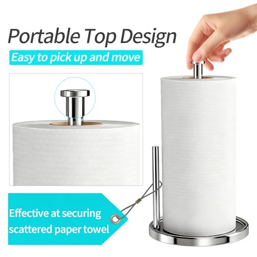 STWWO Paper Towel Holder Countertop Standing Paper Roll Holder with Anti Slip Weighted Base Stainless Steel Freestanding Paper Towel Holder for Kitchen Chrome - Image 3
