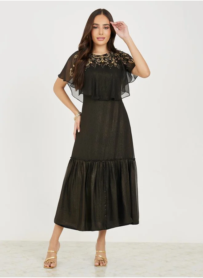 Styli Beaded Embellished Cape Style A-Line Midi Dress
