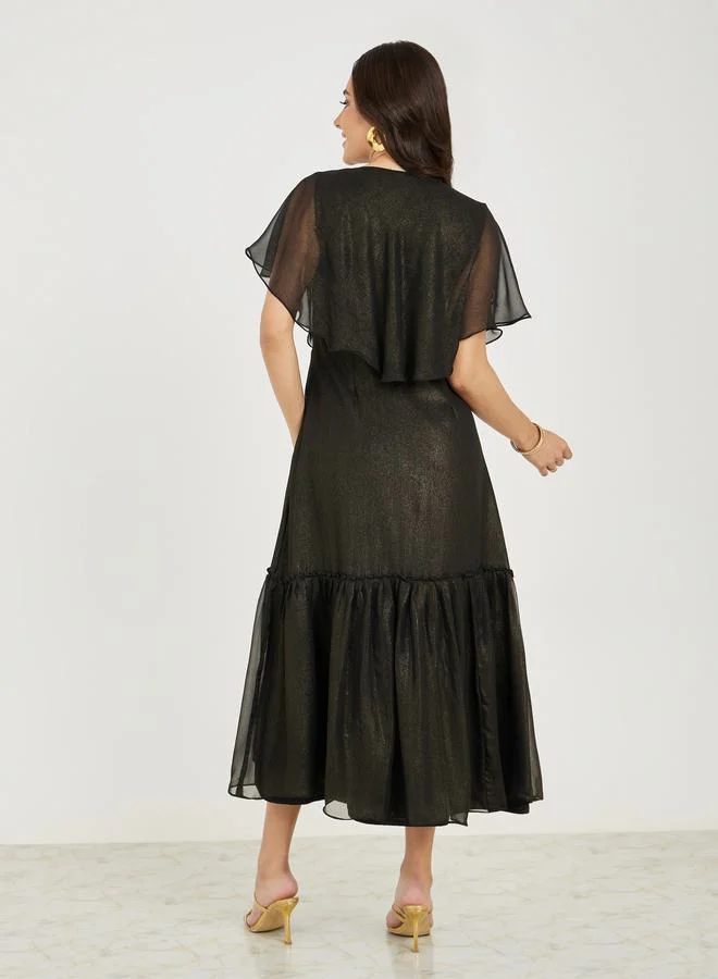 ستايلي Styli Beaded Embellished Cape Style A-Line Midi Dress