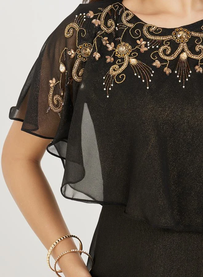 ستايلي Styli Beaded Embellished Cape Style A-Line Midi Dress