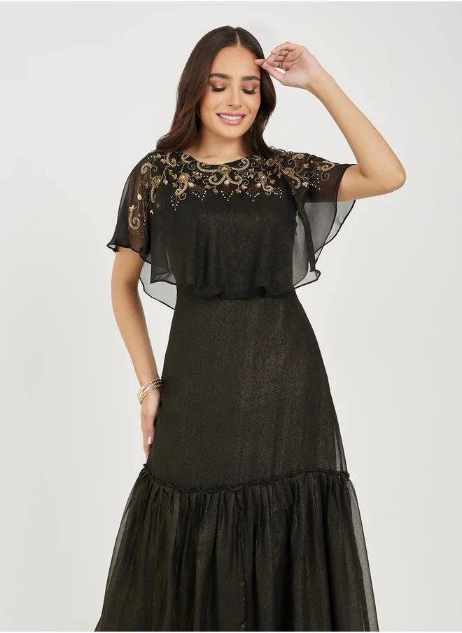 Styli Beaded Embellished Cape Style A-Line Midi Dress