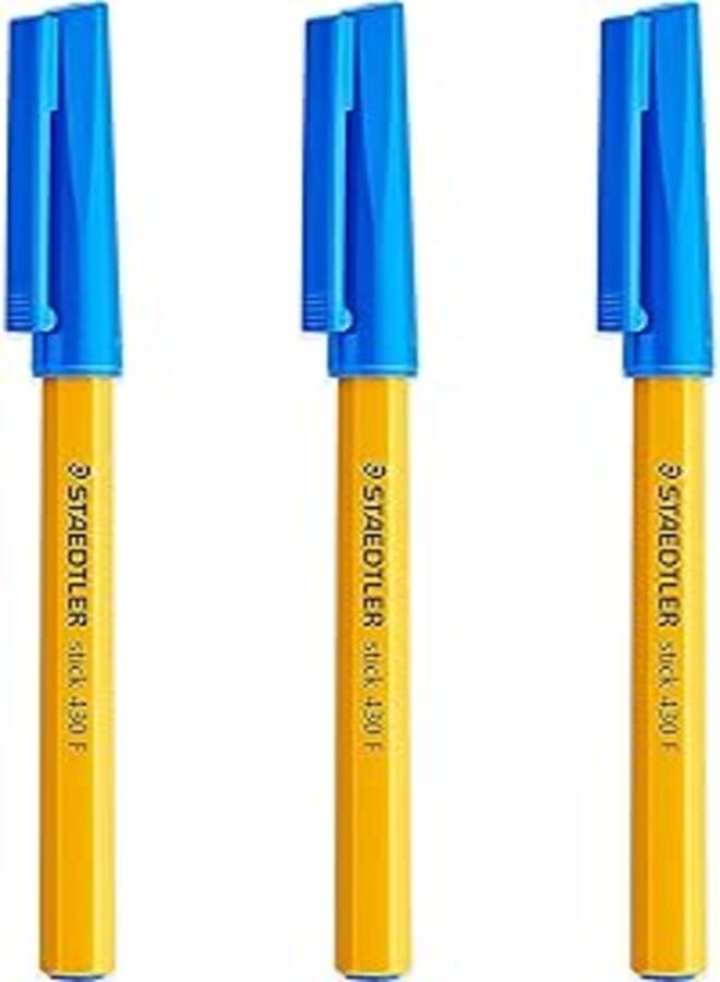 STAEDTLER Fine 0.3mm 430 Stick Ballpoint Pens Writing Pen Smooth - Blue Ink - Pack Of 3