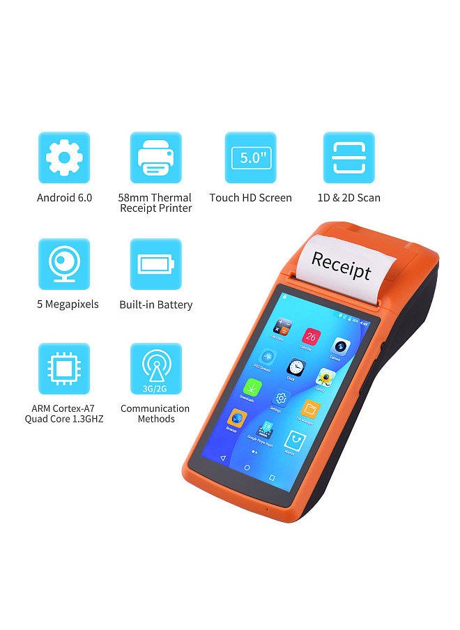 Generic - M1S Android Mobile POS Terminal Handheld PDA Printer All in One 58mm Receipt Printer 1D 2D Barcode Scanner with 5 Inch Touchscreen Support GPS/BT/3G/WiFi/OTG Function - Image 1