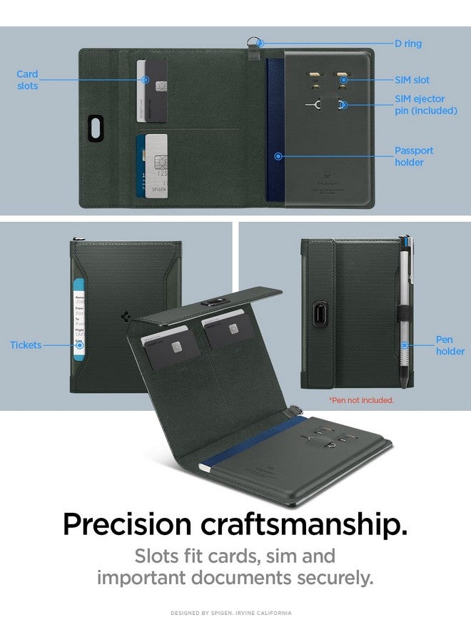 Spigen Leather Passport Card Holder Passport Wallet Travel Documents Organizer Protector Passport Holder Travel Accessories with RFID Blocking Technology SIM Card Pin Included - Military Green - Image 3