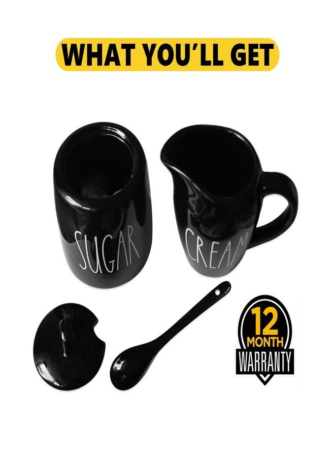 CHONIC Sugar and Creamer Set, Cream Container and Sugar Holder Set for Coffee Bar, Farmhouse Sugar Bowl with Lid and Spoon, Ceramic Sugar Dispenser and Creamer Pitcher Set for Countertop (Black) - Image 3
