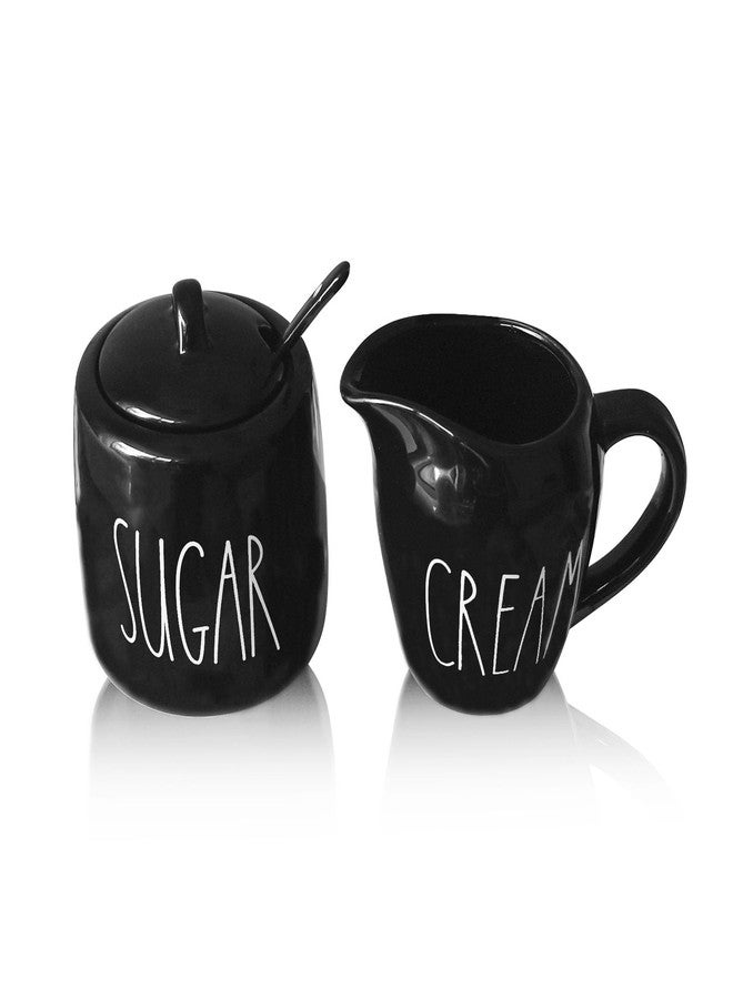CHONIC Sugar and Creamer Set, Cream Container and Sugar Holder Set for Coffee Bar, Farmhouse Sugar Bowl with Lid and Spoon, Ceramic Sugar Dispenser and Creamer Pitcher Set for Countertop (Black) - Image 1
