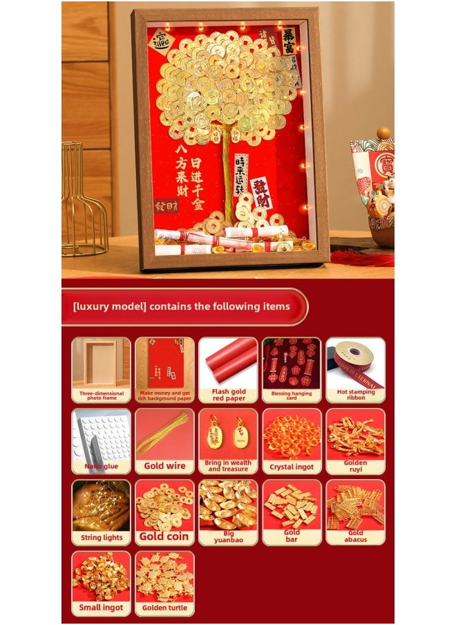 Generic Ge Qiang Fortune Tree Diy Photo Frame 50 Cents Coin Decoration Move Opening Wedding Year Gift Ornaments Material Bag-Color:10inch Hanging + Gift Recommendation [colored Paper + Ribbon + Hanging Card + Gift Box] - Flagship Model: Contains Gold Coins (get Rich Background + Walnut Photo Frame) Super Luxurious Ten  - Image 1
