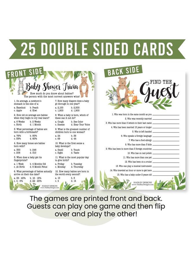 Hadley Designs Woodland Baby Shower Games Gender Neutral - 2 Games Double Sided, 25 Baby Trivia Baby Shower Game, 25 Find The Guest Baby Shower Game, Gender Reveal Games For Guests, Baby Shower Party Supplies - Image 3