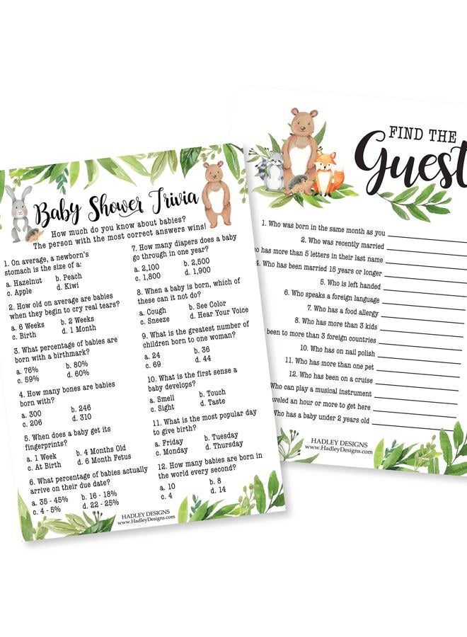 Hadley Designs Woodland Baby Shower Games Gender Neutral - 2 Games Double Sided, 25 Baby Trivia Baby Shower Game, 25 Find The Guest Baby Shower Game, Gender Reveal Games For Guests, Baby Shower Party Supplies - Image 1
