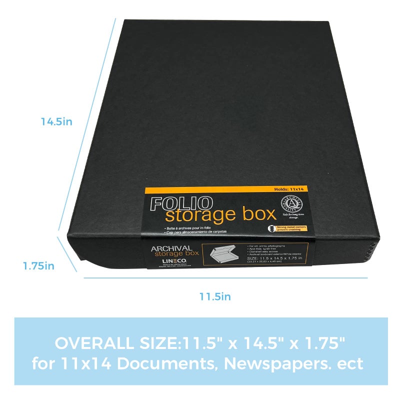 Lineco Folio Storage Box. Archival Clamshell with Metal Edge Boxboard, 11 x 14 x 1.75 Inches, Longevity Organize and Store Photos Documents Craft Cards Magazine Prints Wedding Dresses DIY, Black - Image 3