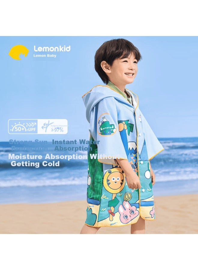 Lemonkid Lemon Baby Kids Hooded Bathrobe Uni Quick-dry Absorbent Towel Aquatic Blue Dinosaur 100cm - Image 1