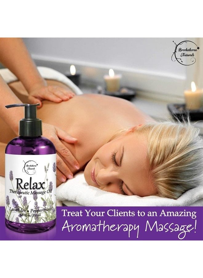 brookethorne naturals - Relax Therapeutic Body Massage Oil - with Best Essential Oils for Sore Muscles & Stiffness – Lavender, Peppermint & Marjoram - All Natural - with Sweet Almond, Grapeseed & Jojoba Oil 8oz - Image 1