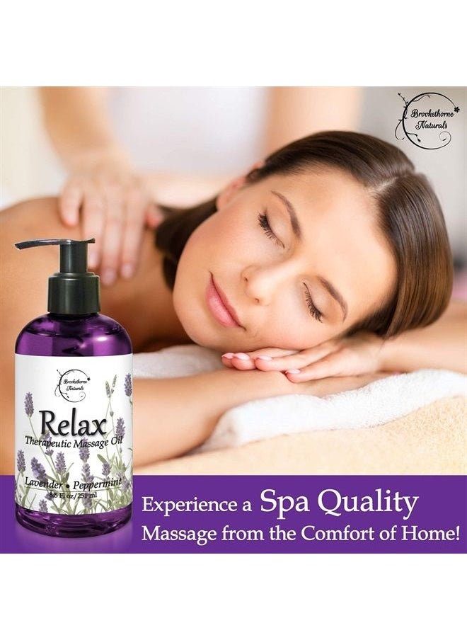 brookethorne naturals - Relax Therapeutic Body Massage Oil - with Best Essential Oils for Sore Muscles & Stiffness – Lavender, Peppermint & Marjoram - All Natural - with Sweet Almond, Grapeseed & Jojoba Oil 8oz - Image 1