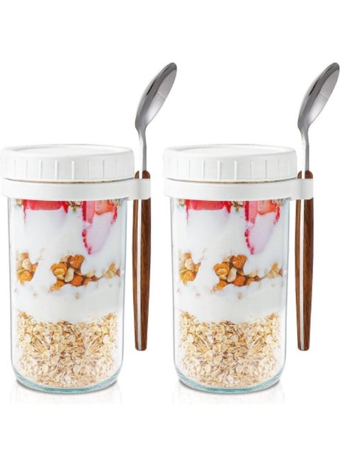 Overnight Oats Jars with Lid and Spoon,2 Pcs Airtight Oatmeal Container with Measurement Marks 600ml