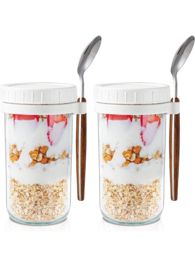 Overnight Oats Jars with Lid and Spoon,2 Pcs Airtight Oatmeal Container with Measurement Marks 600ml