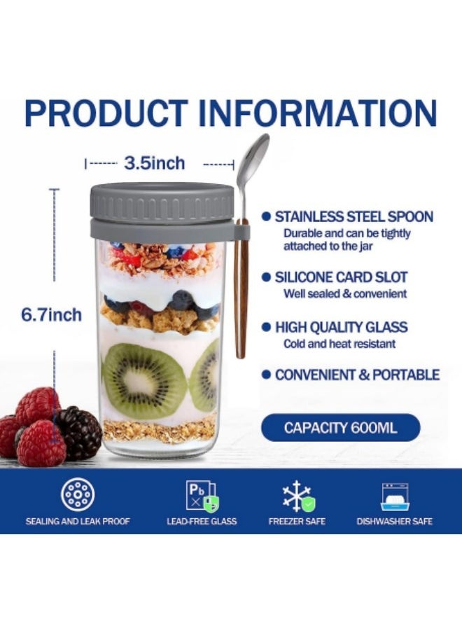 Overnight Oats Jars with Lid and Spoon,2 Pcs Airtight Oatmeal Container with Measurement Marks 600ml
