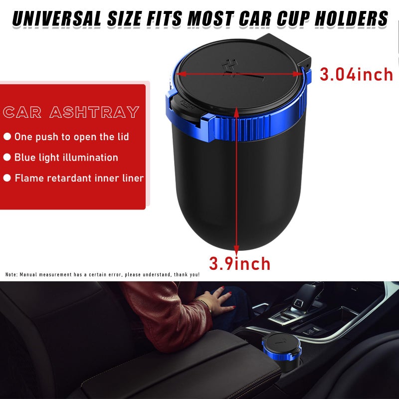 Dickno Car Ashtray with Lid, Detachable Stainless Smokeless Auto Ashtray, Portable Mini Vehicle Trash Can with LED Blue Light, Universal Interior Accessories for Cup Holder (Blue, 1 PC) - Image 2