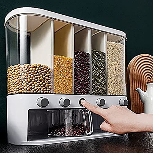 Xilei Dry Food Dispenser,Wall mounted 5 Grid Cereal Dispenser,Rice dispenser 25 pounds Kitchen Storage with Measuring Cup - Image 1