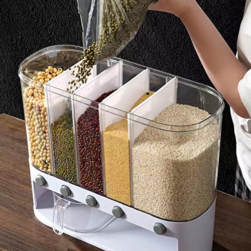 Xilei Dry Food Dispenser,Wall mounted 5 Grid Cereal Dispenser,Rice dispenser 25 pounds Kitchen Storage with Measuring Cup - Image 4