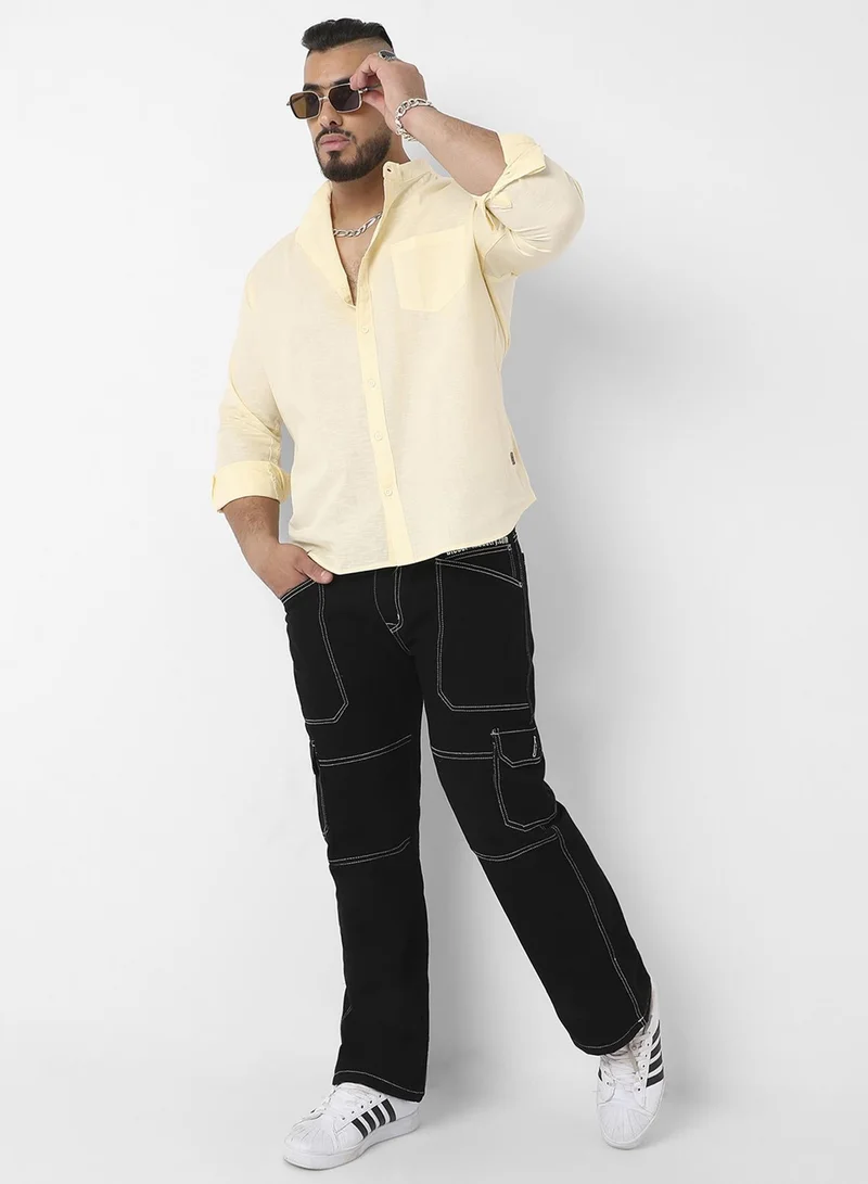 Instafab Plus  Men's Light Yellow Basic Button-Up Shirt For Casual Wear | Mandarin Collar | Long Sleeve | Button Closure | Shirt Crafted With Comfort Fit For Everyday Wear for Men | Best Price UAE