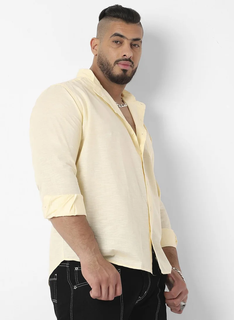 Instafab Plus  Men's Light Yellow Basic Button-Up Shirt For Casual Wear | Mandarin Collar | Long Sleeve | Button Closure | Shirt Crafted With Comfort Fit For Everyday Wear for Men | Best Price UAE