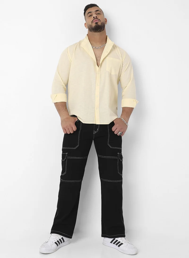 Instafab Plus  Men's Light Yellow Basic Button-Up Shirt For Casual Wear | Mandarin Collar | Long Sleeve | Button Closure | Shirt Crafted With Comfort Fit For Everyday Wear for Men | Best Price UAE
