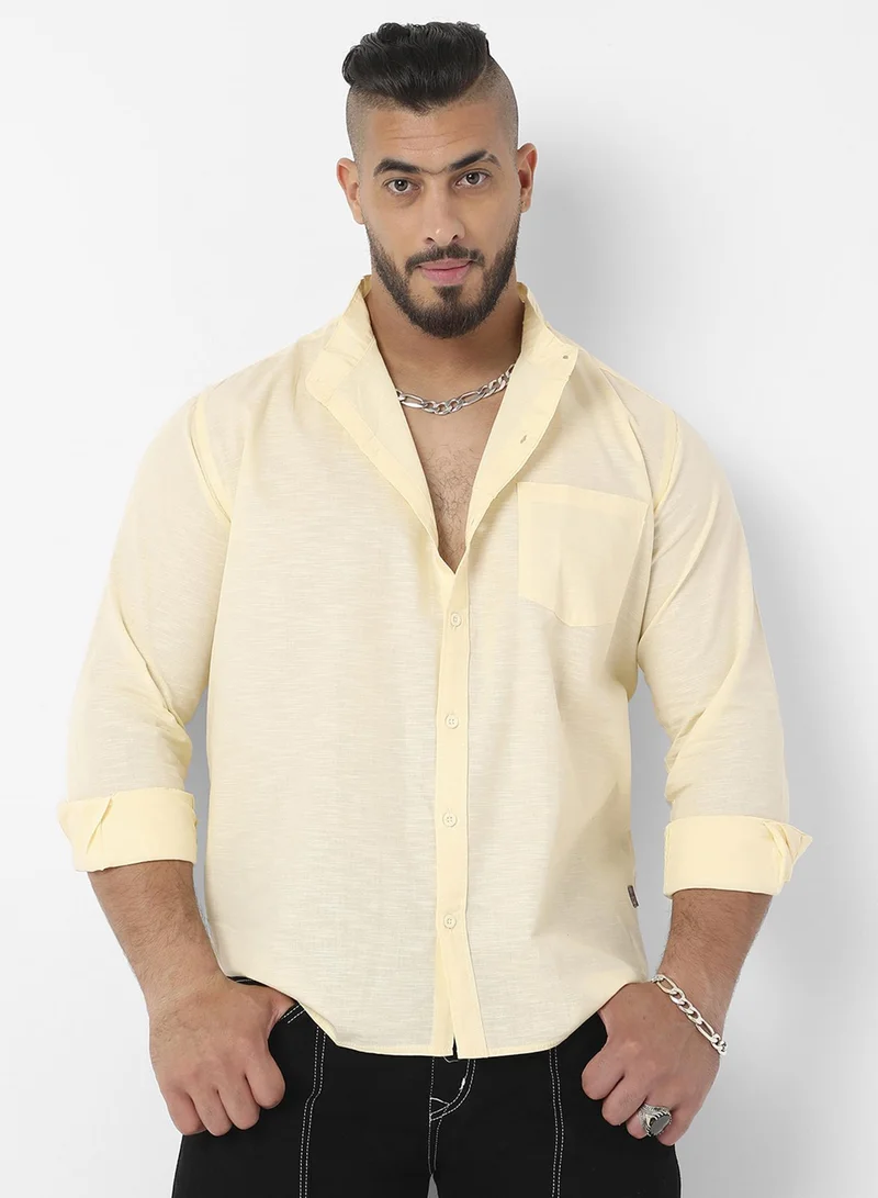 Instafab Plus Men's Light Yellow Basic Button-Up Shirt For Casual Wear | Mandarin Collar | Long Sleeve | Button Closure | Shirt Crafted With Comfort Fit For Everyday Wear