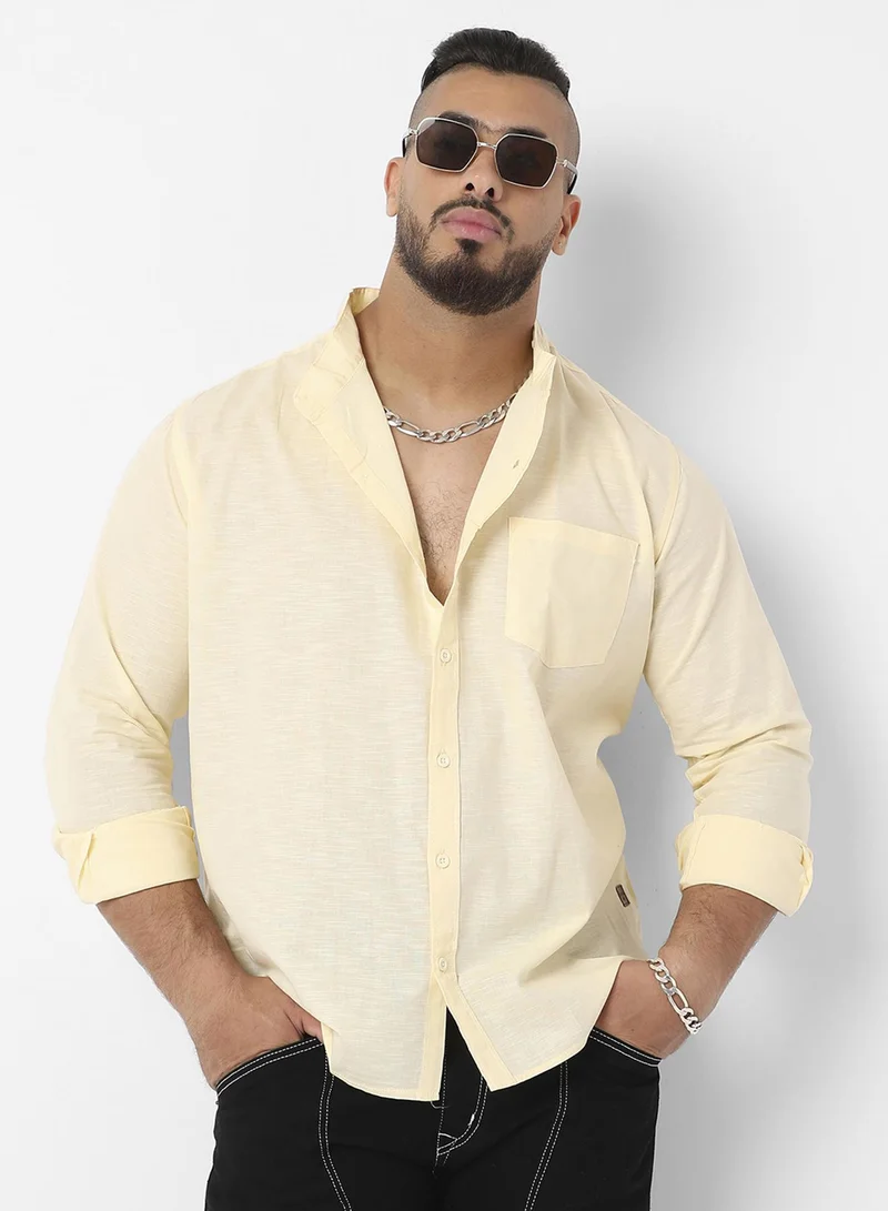 Instafab Plus Men's Light Yellow Basic Button-Up Shirt For Casual Wear | Mandarin Collar | Long Sleeve | Button Closure | Shirt Crafted With Comfort Fit For Everyday Wear