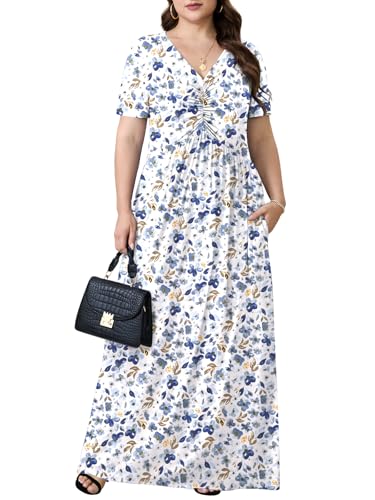 PEVRL Plus Size Maxi Dresses for Women Summer Casual Short Sleeve Long Dress with Pockets Lantian Wildflower 3X - Image 2