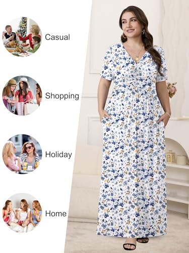 PEVRL Plus Size Maxi Dresses for Women Summer Casual Short Sleeve Long Dress with Pockets Lantian Wildflower 3X - Image 4