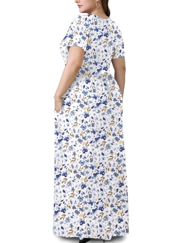 PEVRL Plus Size Maxi Dresses for Women Summer Casual Short Sleeve Long Dress with Pockets Lantian Wildflower 3X - Image 3