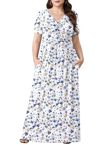 PEVRL Plus Size Maxi Dresses for Women Summer Casual Short Sleeve Long Dress with Pockets Lantian Wildflower 3X - Image 1