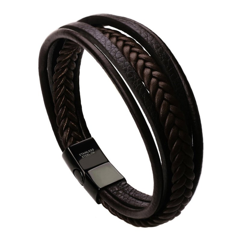 murtoo Mens Leather Bracelet with Clasp Cowhide Multi-Layer Braided Leather Mens Bracelet (Brown, 7.0") - Image 1