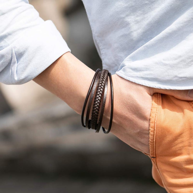 murtoo Mens Leather Bracelet with Clasp Cowhide Multi-Layer Braided Leather Mens Bracelet (Brown, 7.0") - Image 4