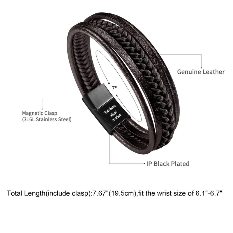 murtoo Mens Leather Bracelet with Clasp Cowhide Multi-Layer Braided Leather Mens Bracelet (Brown, 7.0") - Image 3