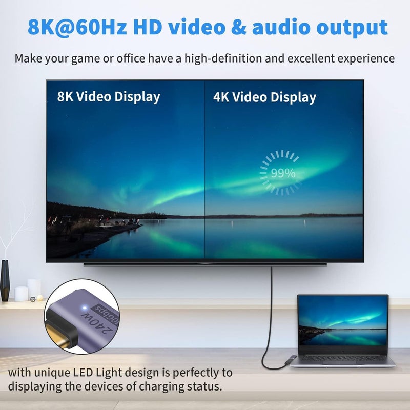 Microware محول USB C بزاوية صحيحة PD 240W لـ Thunderbolt 4/3، محول USB C ذكر إلى أنثى بزاوية 90 درجة مع موصل على شكل L USB 4.0 مع فيديو 8K@60Hz لجهاز iPad، Mac-Book (MMPL-111-240W) - Image 4