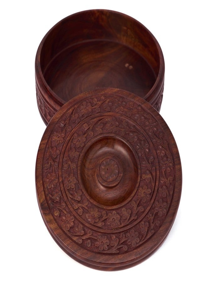 GURU JEE Handmade Wooden Round Chapati Container Roti Box Serving Casseroles Handcarved Chapati Box with Lid - Image 5