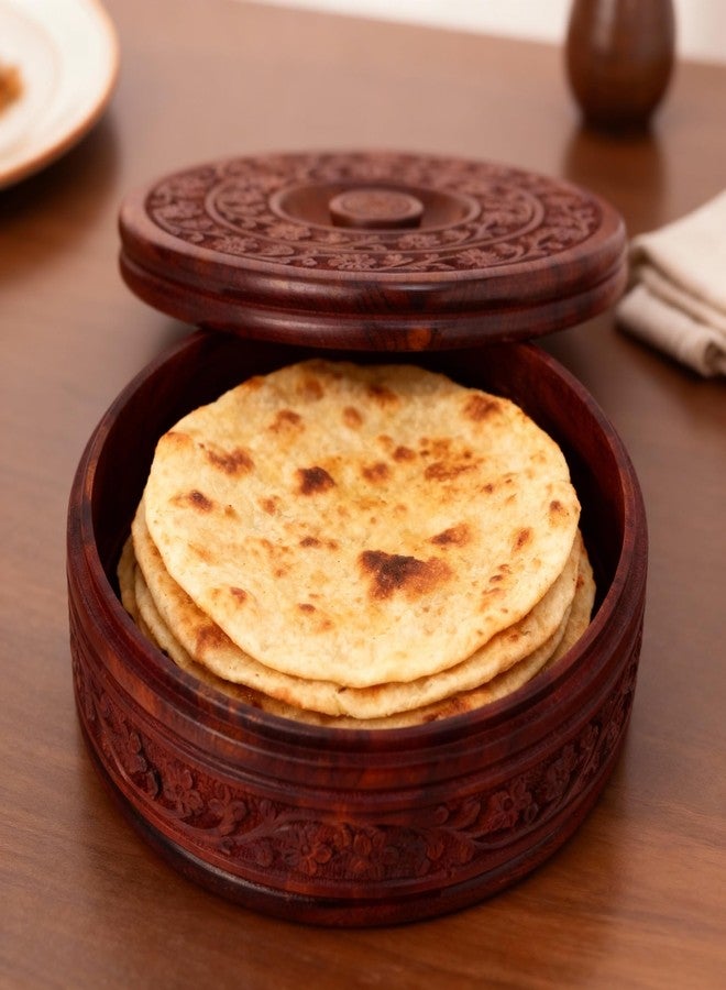 GURU JEE Handmade Wooden Round Chapati Container Roti Box Serving Casseroles Handcarved Chapati Box with Lid - Image 4