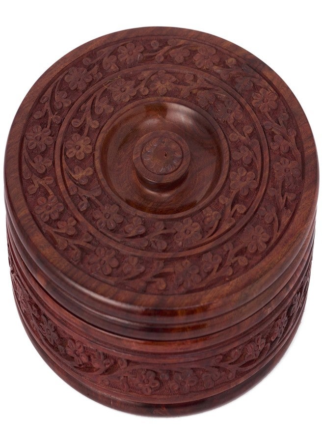 GURU JEE Handmade Wooden Round Chapati Container Roti Box Serving Casseroles Handcarved Chapati Box with Lid - Image 2